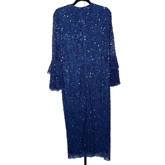 NWT MAC DUGGAL 10802 Navy Fully Sequined Ruffle Tiered 3/4 Sleeve Midi Dress - Picture 7 of 14